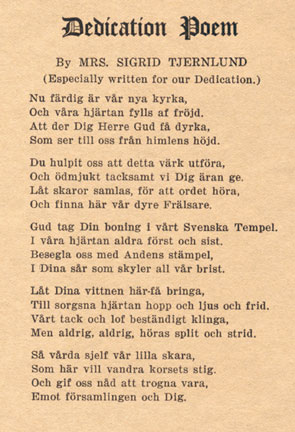 Dedication Poem by Mrs. Sigrid Tjernlund