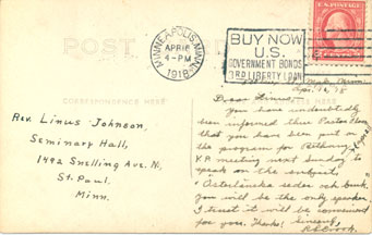 Post Card received in 1918 while at Bethel