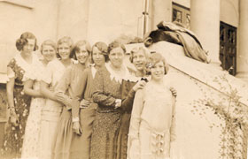 L-R Eileen Johnson, Gladys Carlson Pearson,___________Mrs. O.S. (Velma) Rydman, Viola Anderson Christiansen,  Lillian Gustafson - photo taken about 1934